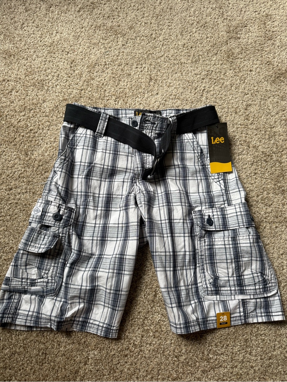 Lee Plaid Gray and Black Cargo Shorts with Web Belt